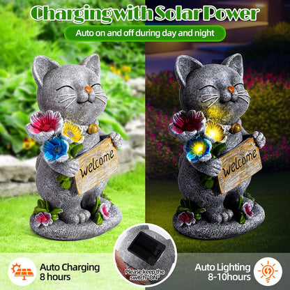 Adorafur Garden Outdoor Statues Solar Cat Outside Statue Garden Decor for Yard Patio Porch Home Lawn Balcony, Gifts for Grandma Mother Women