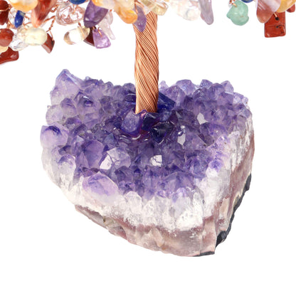 Jovivi Natural 7 Chakra Gemstone Healing Crystal Money Tree on Amethyst Cluster Geode Druzy Base Feng Shui Crystals for Home Office Desk Decorations, Wealth,Good Luck