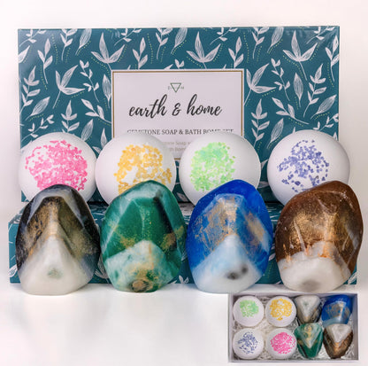 Gemstone Soap & Bath Bomb Set- Relaxing Spa Gift for women- Mothers day gift set- 4 Decorative scented Rock Soap with Crystals and 4 Fizzy Bath Bomb- with Natural Ingredients & Essential Oil
