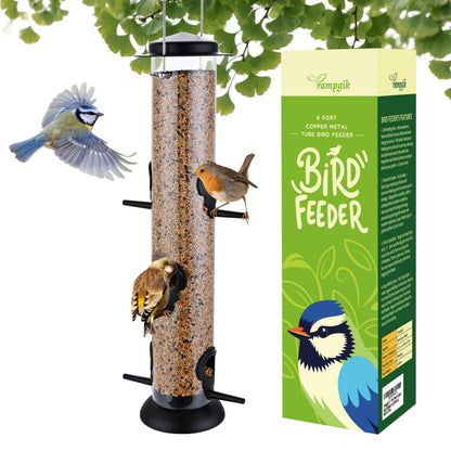 TrampgiK Bird Feeders for Outdoors Hanging,Finch Feeders for Outside,Chew-Proof Hanging Bird Feeder,Rust-Proof Birdfeeder,Squirrel Proof 6 Ports Metal Bird Feeder,14 Inch,1 Pack,Black