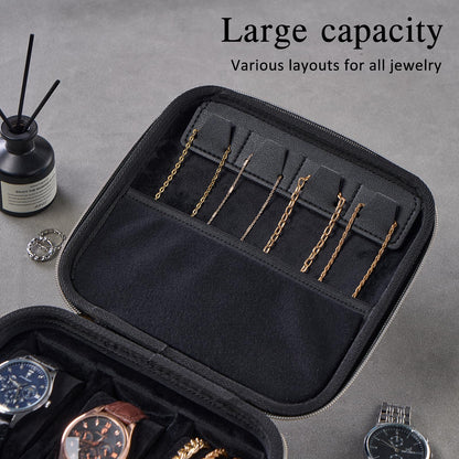ProCase Mens Small Jewelry Storage Case, 3 Slots Travel Watch Accessories Carrying Box, Glasses Necklaces Rings Bracelets Zippered Organizer Bag for Male -Black
