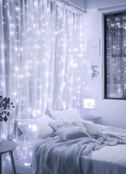 Brightown 300 LED Fairy Curtain Lights, 9.8ft x 9.8ft String Lights, USB Plug in 8 Lighting Modes Christmas String Hanging Lights with Remote for Bedroom Indoor Outdoor Party Xmas White 1 Pack