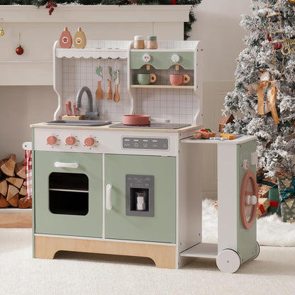 ROBUD Wooden Play Kitchen Set for Kids Toddlers, Pretend Kitchen Playset with BBQ Grill, Ice Maker, Coffee Machine, and Accessories, Toy Kitchen Gift with Lights & Sounds for Girls & Boys, Age 3+