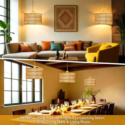 Vannise Dimmable Boho Hanging Lights with Plug in Cord 14.7ft，2 in 1 Shade Plug in Pendant Light Rattan Hanging Lamp with E26 Bulb, Long Lasting Wicker Plug in Pendant lamp Fixture for Living Bedroom