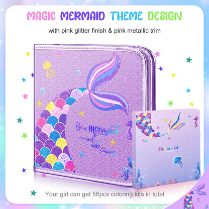 MAIGOZON Mermaid Art Craft Kit for Kids, 56 Piece Set with Pencil Case, Markers, Crayons, Gel Pens, Erasers, Stencils, Ruler
