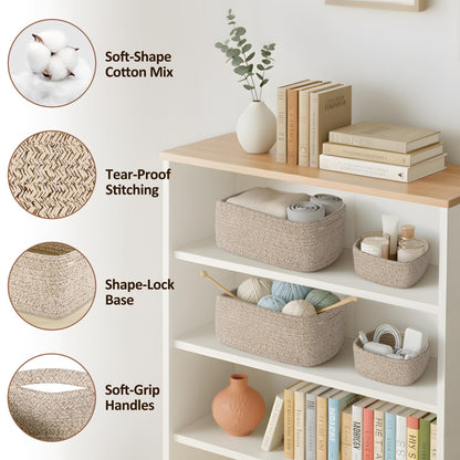 VIRETH HAUS 5-Pack Small Woven Rope Storage Baskets – 2 Sizes Organizer Bins for Closet, Shelf, Bookshelf, Nursery, Changing Table, Fabric Cube Boxes, Rectangular Shallow Bins for Bathroom, Toy & Home