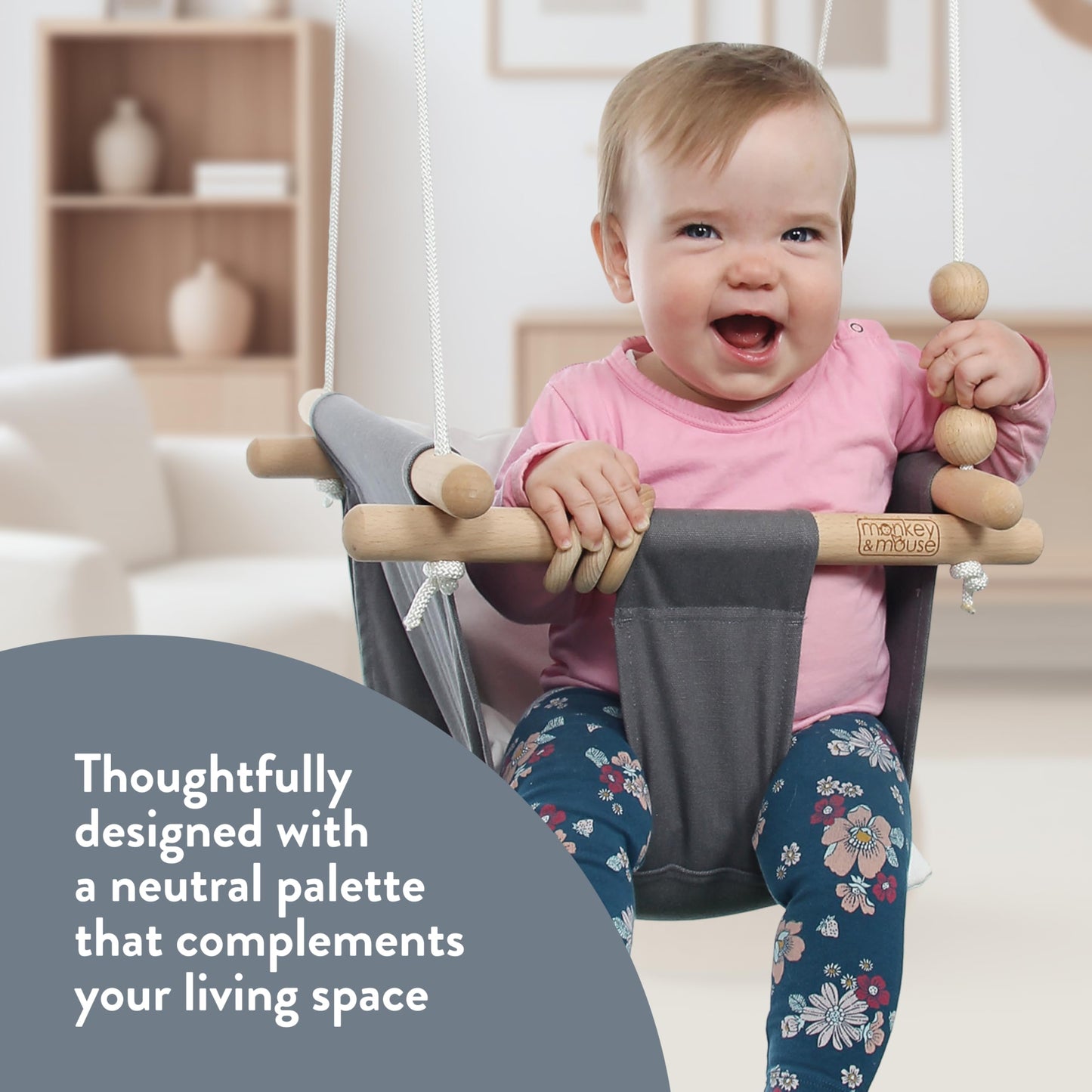 Monkey & Mouse Baby Swing, Pale Pink Indoor Outdoor Portable Hanging Chair - Infant & Toddler Kids 6 Months - 4 Years, Cotton Canvas & Beech Wood Frame, Sensory Hammock Boy & Girl Seat w/Wooden Toys