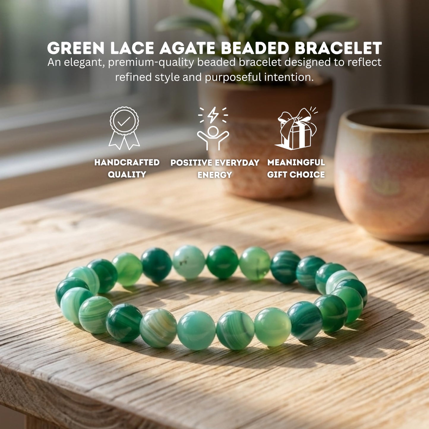 Cherry Tree Collection Lace Agate Green Beaded Bracelet – Genuine 8mm Gemstone Stretch Bracelet for Men & Women – Handmade Crystal Bracelet - (Lace Agate Green - M)