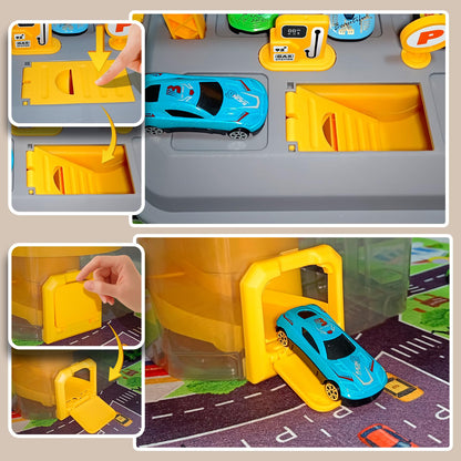 Toy Car Track Storage Playset - Car Toys Race Set Including 12 Diecast Cars, PlayMat, Race Tracks, Car Ramp, Kids Birthday Gift Toys for 2 3 4 5 Year Old Boys 1-3 2-4 Toddlers