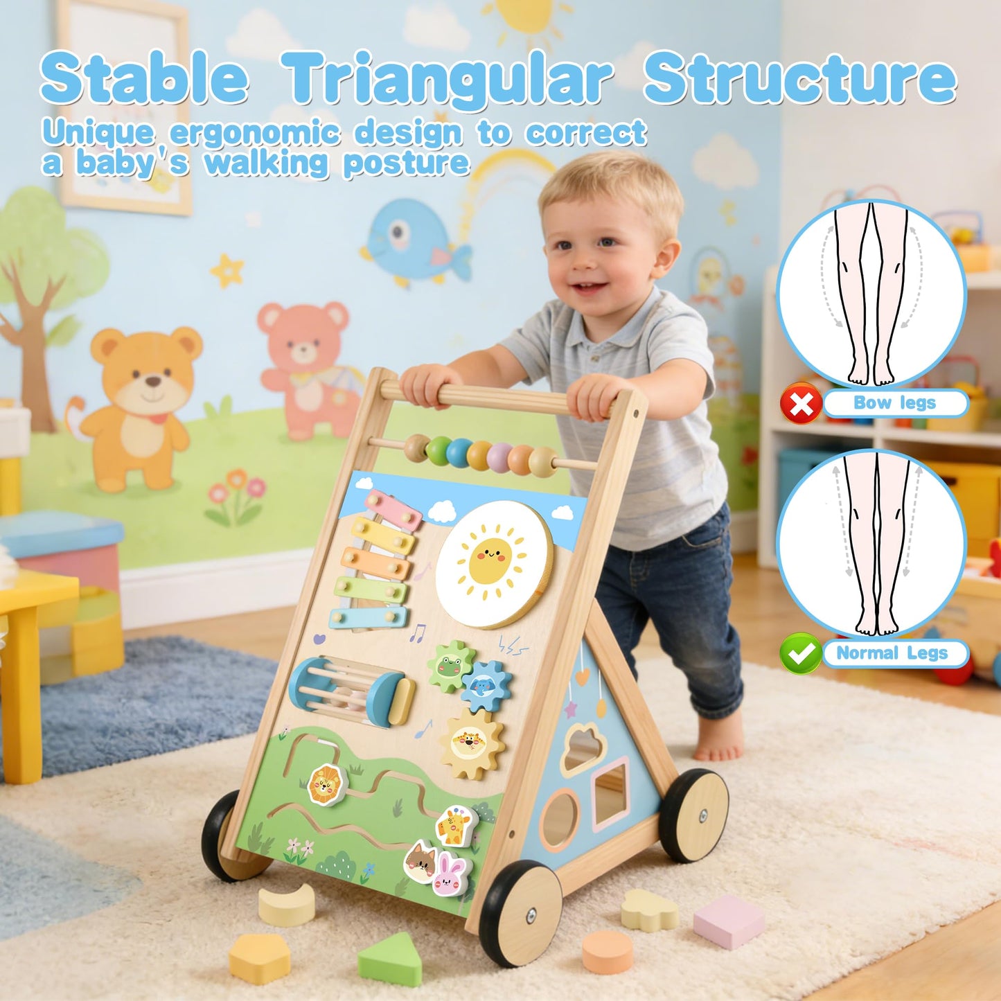 Ranqibo Wooden Baby Walker, Baby Walker with Wheels, Includes Montessori Sensory Toys and Activity Center, 6-18 Months for Boys and Girls