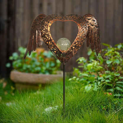 GOODME Solar Garden Lights Waterproof Metal Solar Warm White LED Stake Light Memorial Gift Metal Stakes Lights Crackle Glass Light for Lawn, Pathway, Patio Decor (Heart-Wing)