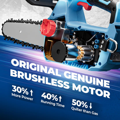 DongCheng Brushless Chainsaw, 20V 12-Inch Cordless Chain Saw, 12m/s Chain Speed, Tool-Free Tensioning, Auto Oiler, with 2×4.0Ah Batteries & Charger, Ideal for Yard Work, Pruning, Wood Cutting
