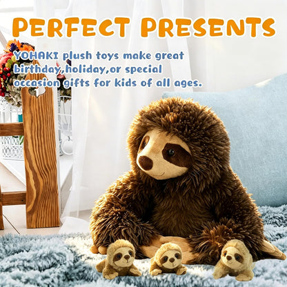 YOHAKI Sloth Plush Animal, 11.02" Cute Stuffed Sloth with 3 Baby Sloths, Easter Stuffed Sloth Animal, Washable Plush Toys, Cute Three Toed Sloth Birthday Gifts for Kids Boys and Girls, Brown
