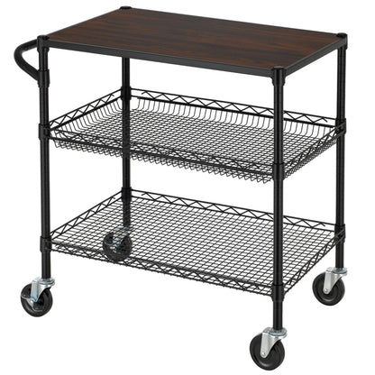 Finnhomy 3 Tier Heavy Duty Commercial Grade Utility Cart with Wood Top, Wire Rolling Cart with Wheels and Handle Bar, Kitchen Carts on Wheels, Metal Cart with 600 LBS Capacity, Black