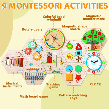 9Pcs Hexagon Activity Wall Busy Board Panels, Wooden Sensory Wall Panel for Kids, Montessori Learning Activity Center, Educational Toys for Toddler Playroom Daycare Nursery Classroom Birthday Gifts