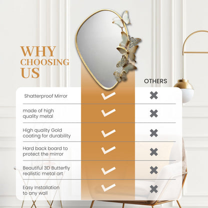 Decorative Wall Mirror with Butterfly Design, Gold Frame, Irregular Shape Perfect for Living Room, entryways, Bathroom, Home Decor