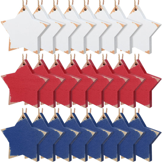 Vercraft 24 Pcs 4th of July Star Ornaments for Tree Rustic Wooden Patriotic Star Tree Decoration 250th Anniversary Red White Blue Hanging Ornaments for Independence Memorial Day Party Decoration