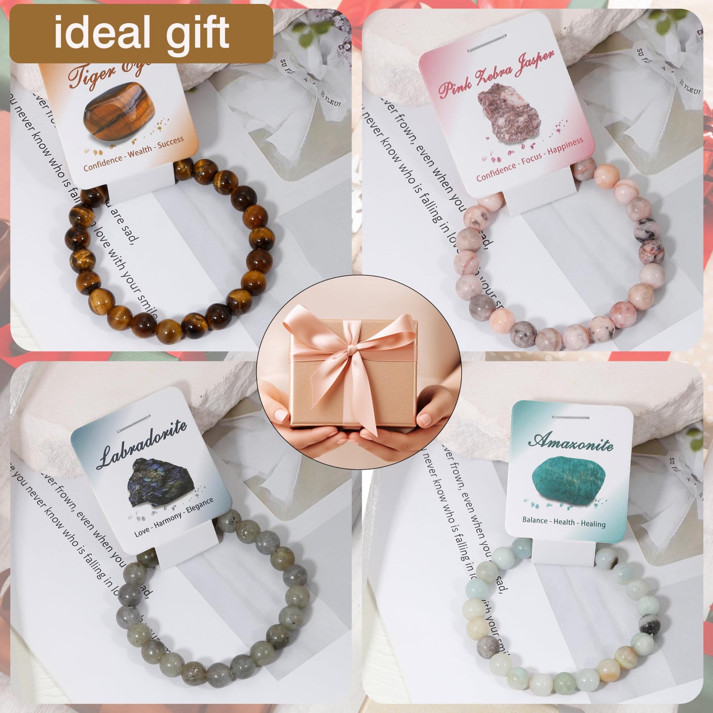 BOMAIL 9Pcs Healing Crystal Bracelets for Women Men 4mm 6mm 8mm Natural Stone Beaded Stretch Bracelet Set Handmade Gemstone Reiki Spiritual Jewelry Gifts