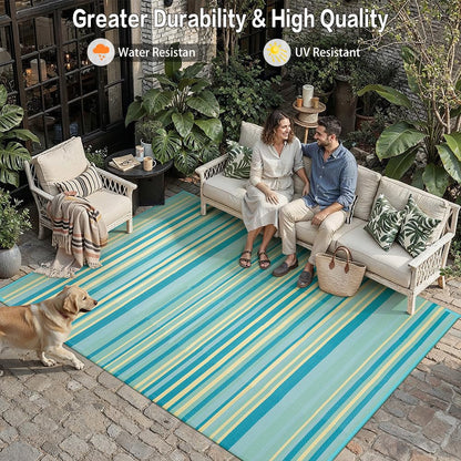 WondRg Outdoor Plastic Straw Rug Waterproof Patio 8x10 Teal Yellow Stripe Mat for Porch Camping RV Balcony Deck Courtyard Reversible Lightweight Durable Portable Carpet
