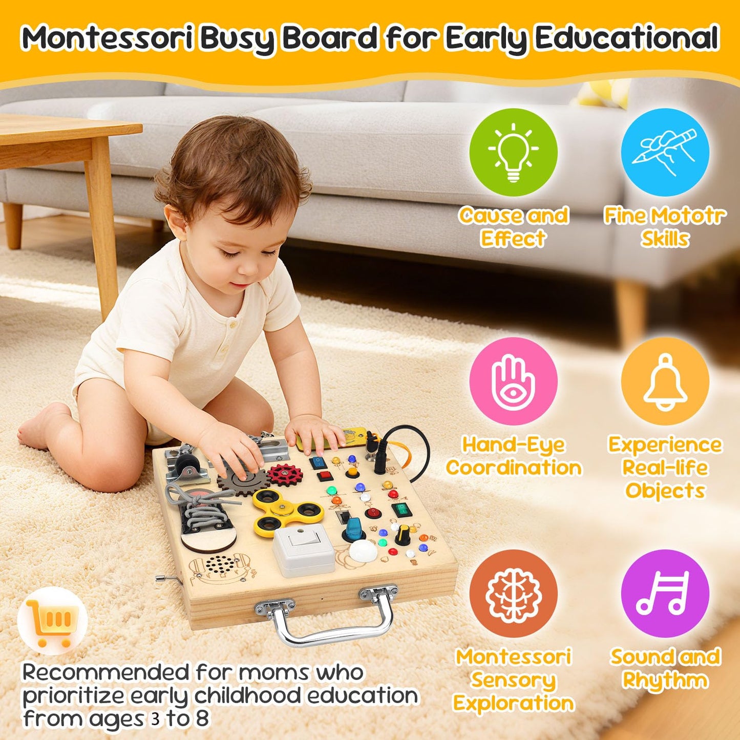 Wooden Busy Board with LED Light，Montessori Baby Learning Toys for Toddlers , Sensory Activity Board , Travel Educational Toy Boy & Girl Birthday Gift (Black Handle)