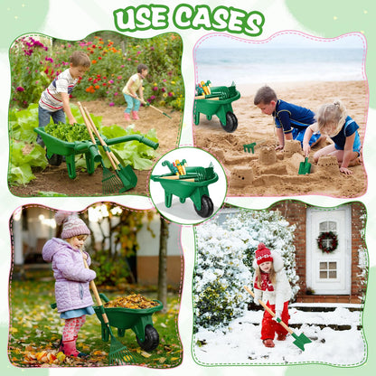 Dutywand Kids Gardening Tools Set with Wheelbarrow, Wooden & Metal Outdoor Gardening Toys for Summer Outdoor Yard Digging & Weeding, Easter Birthday Gifts for Boys Girls Age 3+ Years (Green)