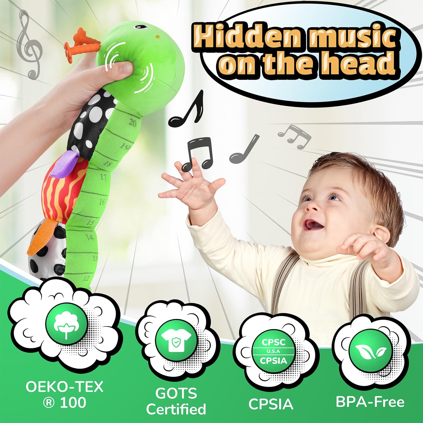 LIGHTDESIRE Baby Toys 6-12 Months Musical Caterpillar,Stuffed Animals Infant Toys 0-6 Months Sensory Toy with Ruler Design,Crinkle&Ring Bell,Baby Teething Toys Tummy Time Gifts Easter Basket Stuffer