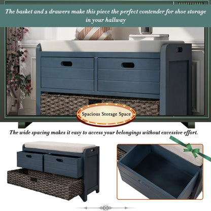 P PURLOVE Wood Storage Bench with Removable Basket and 2 Drawer,Fully Assembled Entryway Storage Bench Shoe Bench with Removable Cushion for Hallway Entryway Living Room