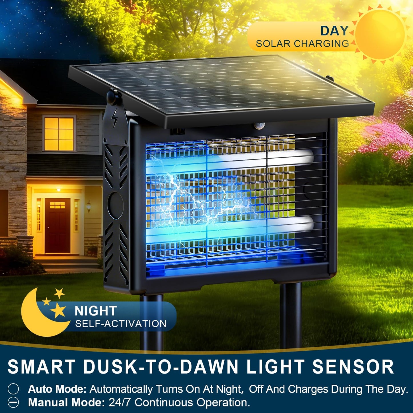 14W Solar & USB-C Bug Zapper Outdoor, 7500mAh Mosquito Zapper with 365–395nm UV Light, Dusk to Dawn Sensor, IPX5 Waterproof, Fly Trap for Patio Garden Backyard Deck Camping
