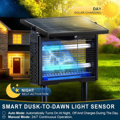 14W Solar & USB-C Bug Zapper Outdoor, 7500mAh Mosquito Zapper with 365–395nm UV Light, Dusk to Dawn Sensor, IPX5 Waterproof, Fly Trap for Patio Garden Backyard Deck Camping