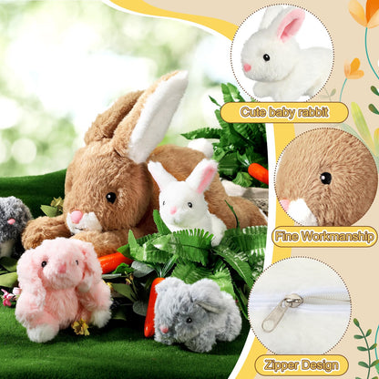 Syhood 5 Pieces Bunny Stuffed Animals Plush Set Easter Gifts Mommy Bunny Plush Doll with 4 Babies Cute Fluffy Rabbits in Mommy Stuffed Rabbit for Huggable Sleeping Holiday Birthday