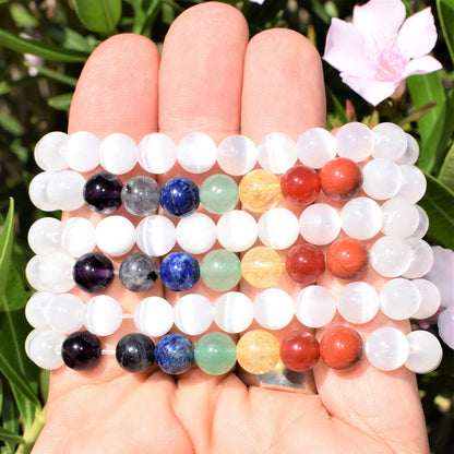 Zenergy Gems Charged Premium Natural 7 Chakra Selenite Crystal 8mm Bead Bracelet + Moroccan Selenite Charging Crystal [Included]