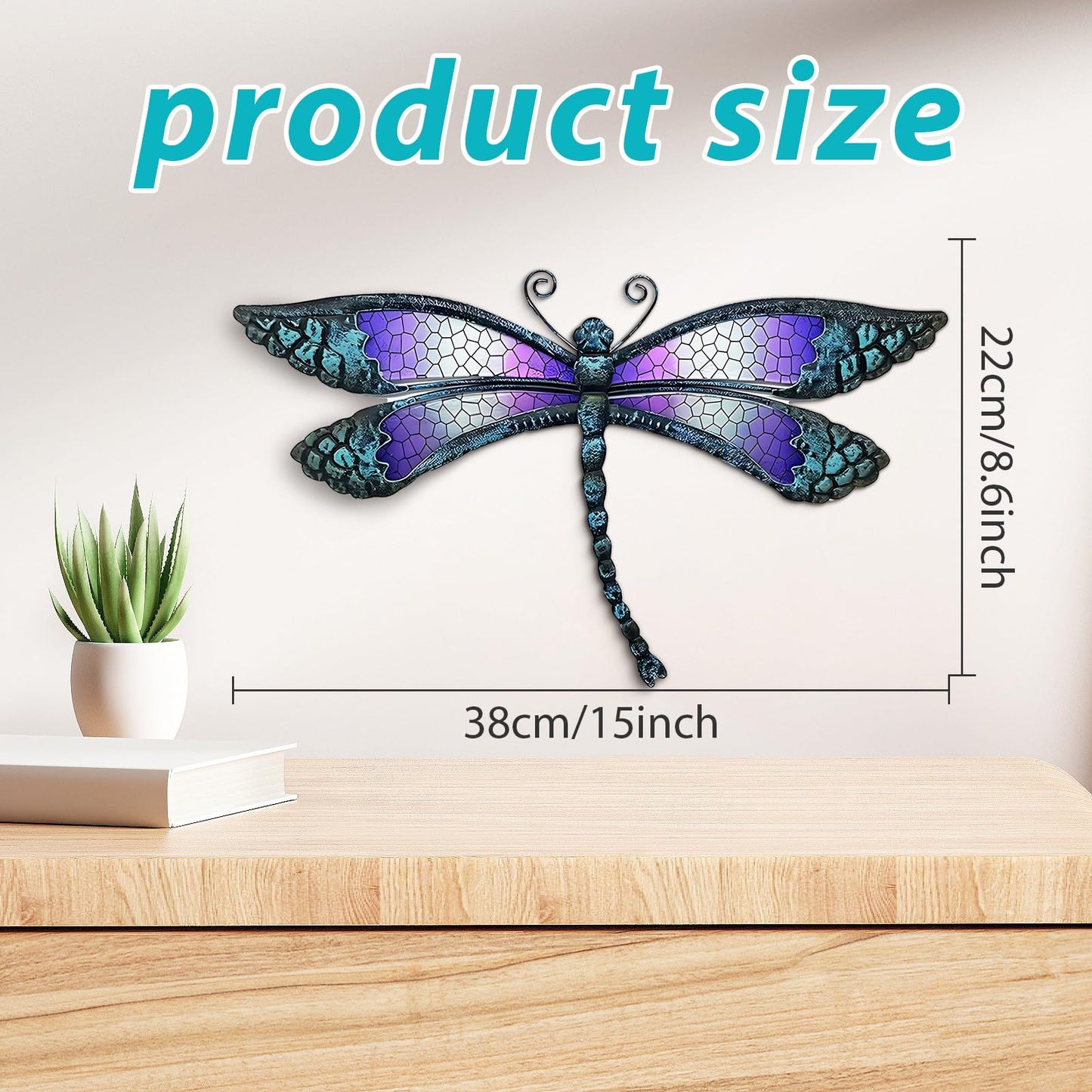 POXOHO Metal Dragonfly Wall Decor - Outdoor Wall Decor Garden Dragonfly Decor for Patio - Dragonfly Metal Wall Art for Living Room, Bedroom, Dragonfly Gifts(15 inch, Metal&Glass)