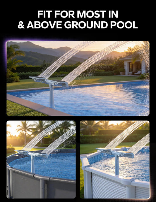 POOLHACKER Solar Pool Fountain with 10-Color LED Lights, Newly Refined Streamlined Design, Auto Dusk Sensor & Timer, Remote Control, Dual-Head Adjustable Spray for Above & Inground Pools
