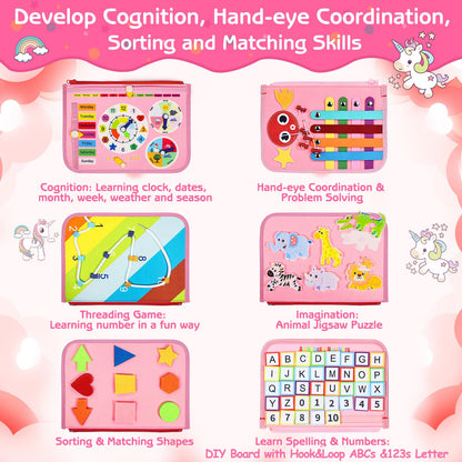 Esjay Toddler Busy Board Montessori Toys for Girls, Sensory Book Educational Activities for Learning Fine Motor Skills, Birthday Gifts for Girls Toddlers, Travel Toys for Airplane Car, Fairy Horse