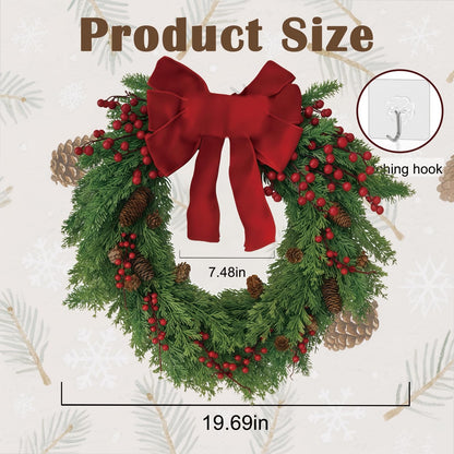 Christmas Wreath for Front Door, Red Bow & Real Pine Cones with Pine Branches & Berries, Artificial Holiday Wreath for Indoor & Outdoor Wall Decor (20 inches)