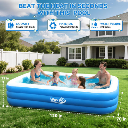 Large Inflatable Pool for Kids and Adults,10ft x 6ft Oversized Thickened Blow Up Pool for Kid and Adult, Durable Swimming Pool for Backyard, Outdoor, Garden, Summer Water Party (120"x70"x22")
