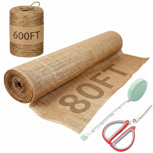 Tegeme 40 Inch x 80 ft Burlap Fabrics Roll with 600 ft Natural Jute Twine Rope Burlap Tree Wraps Protector Winter Frost Plant Blankets Cloth Weed Barrier for Outdoor Garden DIY Craft Party