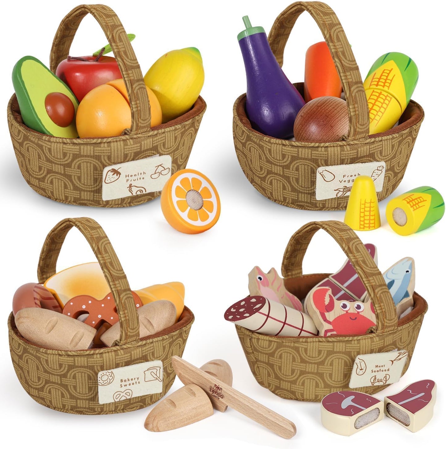 Lehoo Castle Wooden Play Food Set, Toy Food for Toddlers 1-3, Pretend Play Kitchen Accessories, Cutting Food Toys, Montessori Sorting Toys for Kids 3-5 Girls Boys