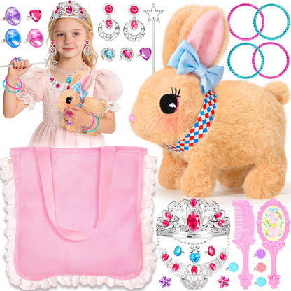 CatchCute Plush Toys Interactive Realistic Walking Bunny Toy Set with Leash and Mesh Storage Bag,Stuffed Bunny with Princess Jewelry Accessories,Perfect Thanksgiving Birthday Gifts for Kids