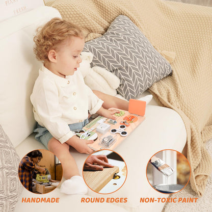 Montessori Toys for Tooddlers- Busy Board for 1 2 3 4 Years - Educational Fidget Toy for Baby - Wooden Sensory Toys for Autistic Children - Preschool Activities - Fine Motor Skills – Travel Toy