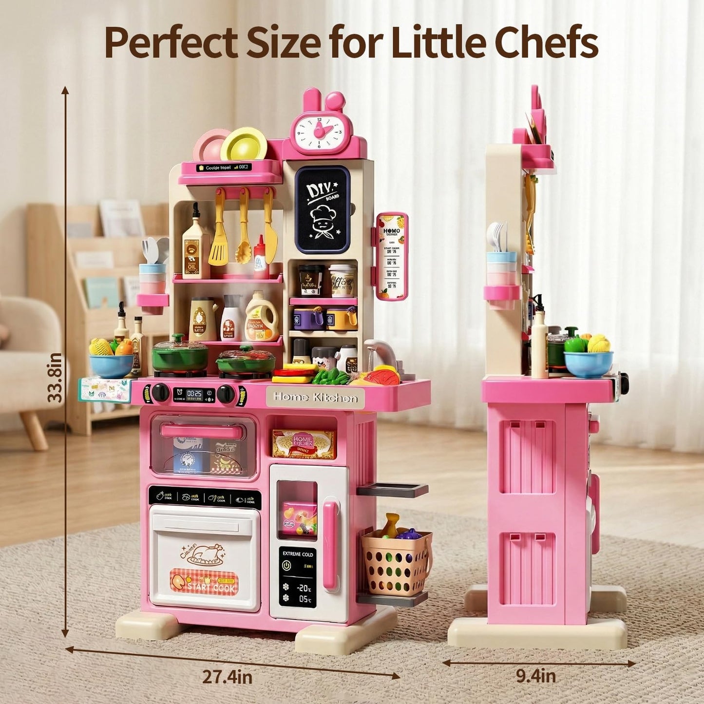 33.8IN - 70PCS Kids Kitchen Playset with Sound & Light - Cooking Stove with Steam, Play Sink and Toy Kitchen Accessories - Pretend Kitchen Play Food Toys for Kids Boys Girls - Toddler Play Kitchen Set