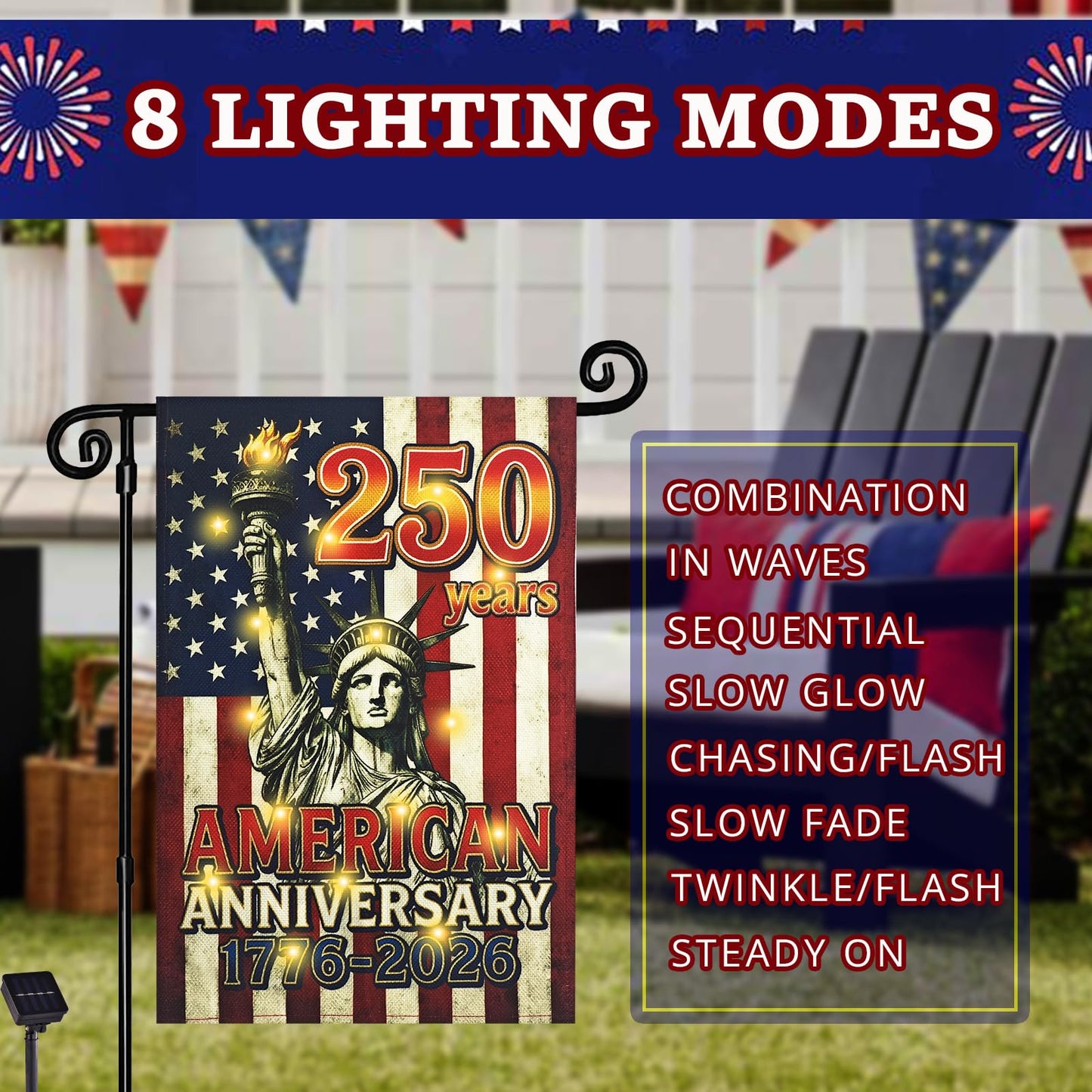 FLAGMESAGE Lighted 250th Anniversary USA Garden Flag for Outside, Solar Led Double-sided Patriotic Banner with 1776-2026 250 Years of American Freedom Design for Independence Day, July 4th Decor (LED Statue of Liberty, 12 x 18 Inch)