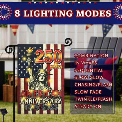 FLAGMESAGE Lighted 250th Anniversary USA Garden Flag for Outside, Solar Led Double-sided Patriotic Banner with 1776-2026 250 Years of American Freedom Design for Independence Day, July 4th Decor (LED Statue of Liberty, 12 x 18 Inch)