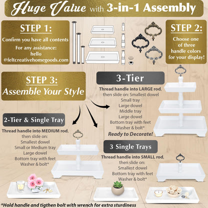 [3 in 1] 3 Tier Serving Tray - Gorgeous Coffee Table Tray (Includes 3 Handles) - Can Assemble into a 1, 2 or 3 Tier Serving Stands - Rectangle Wooden Kitchen Table Centerpiece Felt Creative Home Goods
