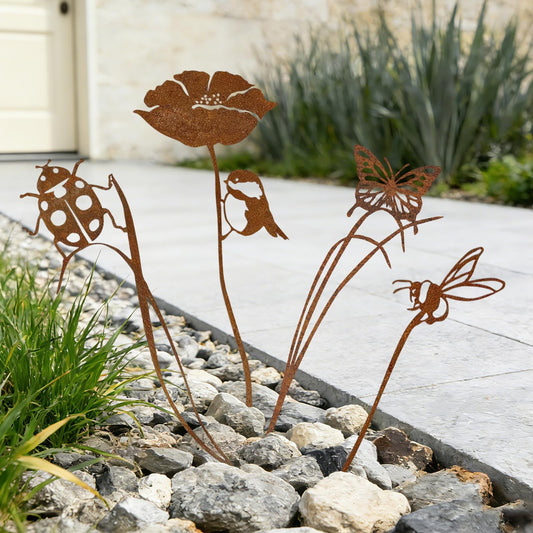 KODIBO 4-Pack Metal Garden Stakes Outdoor Decor, Vintage Rust Patina Bird Bee Butterfly Ladybug Garden Stake Set, Decorative Yard Art for Flower Bed, Planters, Patio & Lawn, Gift for Garden Lovers