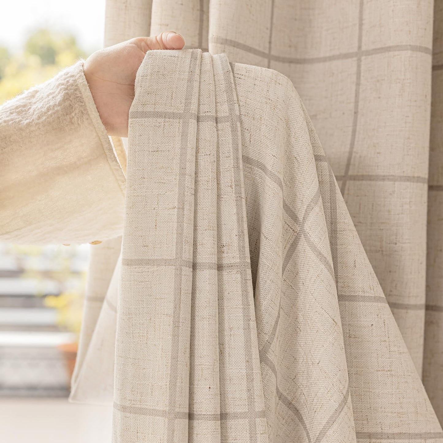 THREE GIRLS Pinch Pleated Plaid Curtains Blackout Linen Gingham Curtains for Living Room,Bedroom Checkered Patterned Insulated 84 Inches Long Double Layer 2 Panels Set Printed Design Darkening