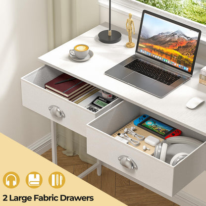DAOUTIME Small Writing Desk for Kids Bedroom, 31.5 Inch White Computer Desk for Small Spaces, Simple Desk with 2 Fabric Drawers for Home Office, Dorm, Living Room, Home Study Table, White