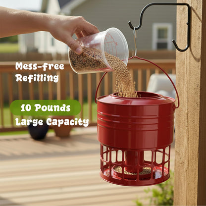 KOL Large Bird Feeder for Outdoors, 10LB Capacity Squirrel Proof Metal Feeder with 32 Feeding Ports & 3 Perches, Easy-Clean Hanging Birdfeeder for Cardinals, Bluebirds, Finches (Red)