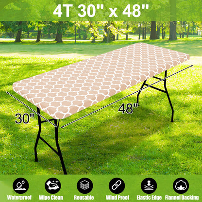 Smiry Rectangle Picnic Table Cover, Waterproof Elastic Fitted Camping Tablecloths for 4 Foot Tables, Wipeable Flannel Backed Vinyl Tablecloth Protector for Indoor, Outdoor (Khaki, 30x48 Inches)