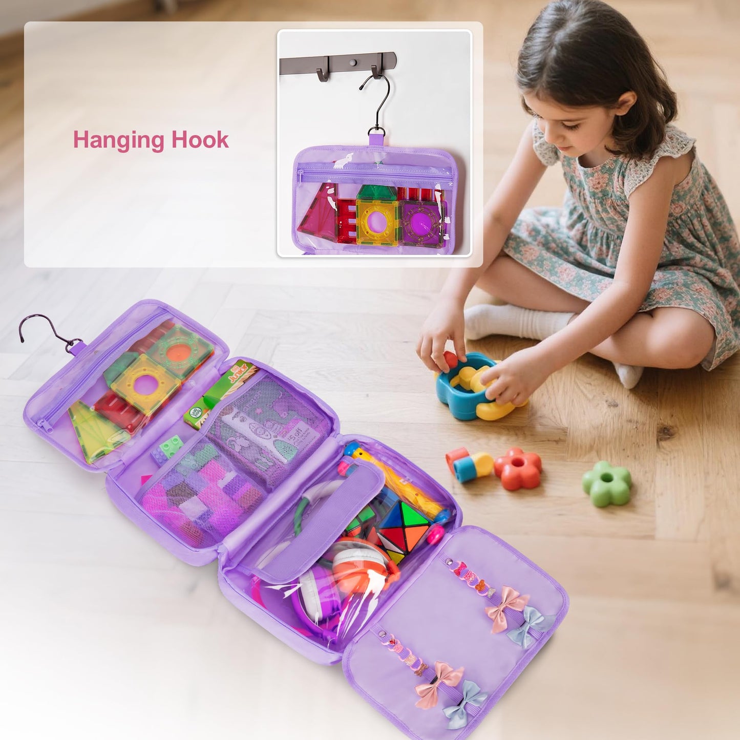 Kids Travel Toy Organizer with Hanging Hook, Storage Bags with Multi-compartments for Child’s Toys, Snack or Other Essentials, Water-resistant Toiletry Carrying Bag, Two Way Zipper, Purple (Bag Only)